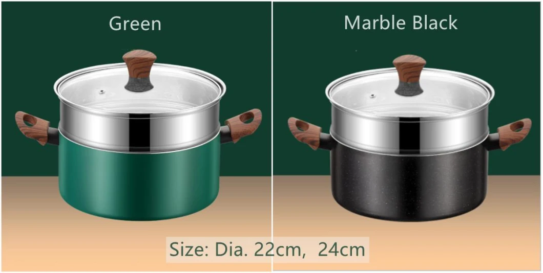 Wooden Handle Stainless Steel Non-Stick Pot Set in Green Black Color