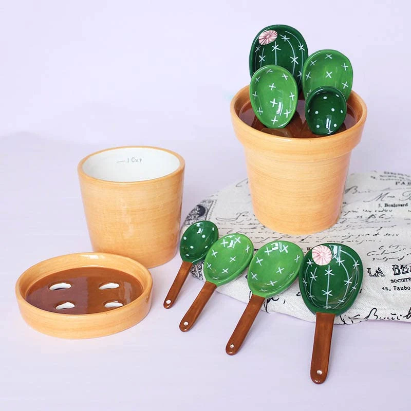 Cactus Ceramic Measuring Spoons Set in Pot Measuring Cups for Baking Slat Sugar