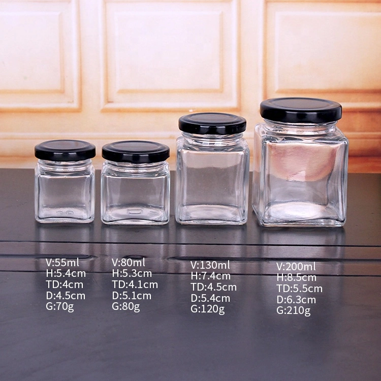 50ml 80ml 100ml 120ml 200ml Square Glass Jar Food Jar Canister Storage with Metal Lid for Honey Jam Candy Jelly Pickle