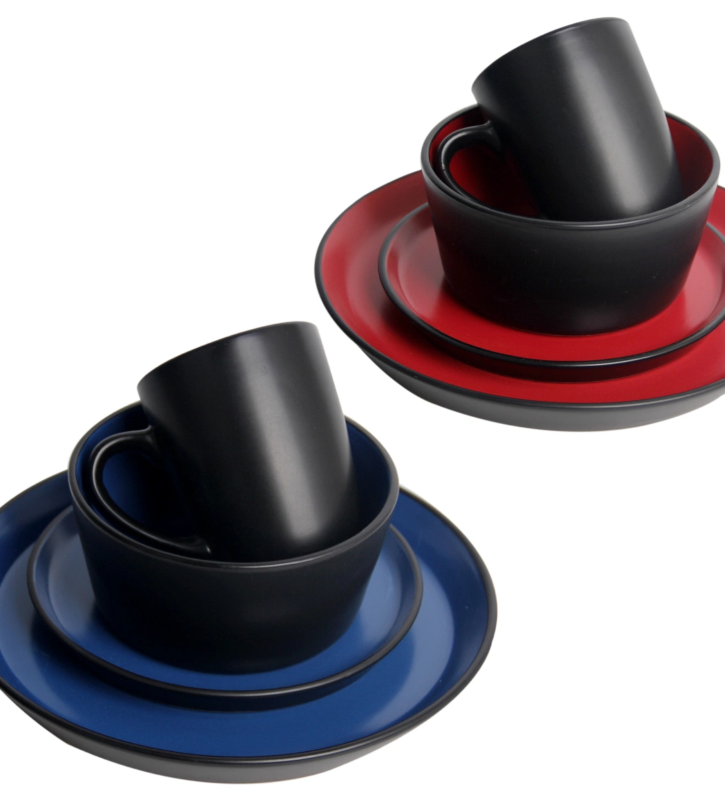 Round Red Blue Black Solid Two Tone Color Glazed Stoneware Ceramic Crockery