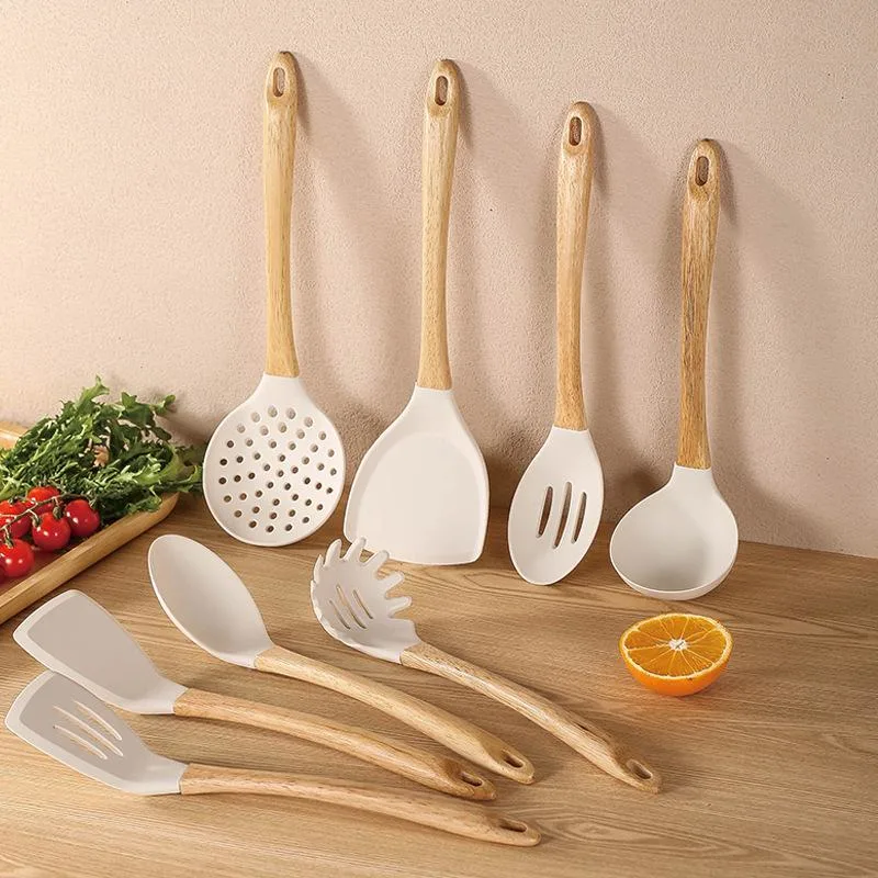 Eco Friendly Non-Stick Wooden Handle Silicone Kitchen Gadgets Cooking Utensils