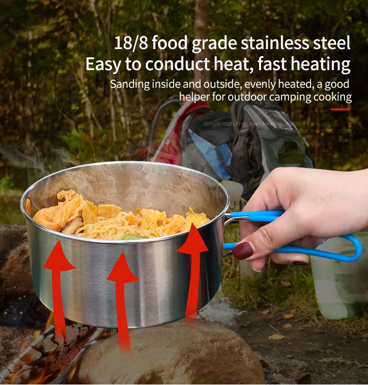 Outdoor Camping 4PCS Mess Kit Pot Set Kitchen Stainless Steel Cookware Set with Silicone Handles