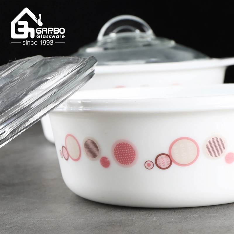 South America Hot 3PCS Opal Glass Casserole Set with Decal and Transparent Glass Lid Home Use Dinner Soup Tureen