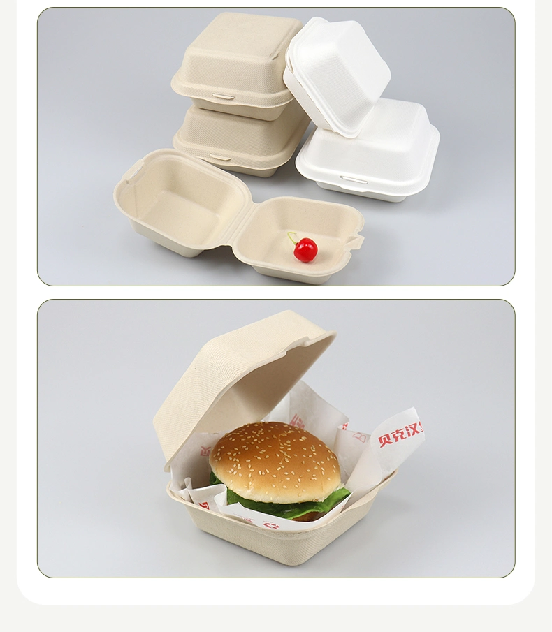 Disposable Food Container Paper Hamburger Box Sugarcane Pulp Bagasse Clamshell Box Biodegradable Tableware