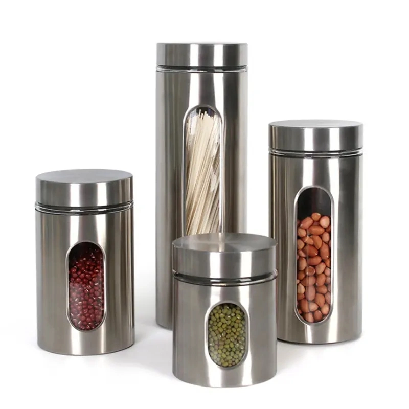 High Quality Mini Cylinder Glass Seasoning Pot 4oz Glass Stainless Steel Spice Jars with Window