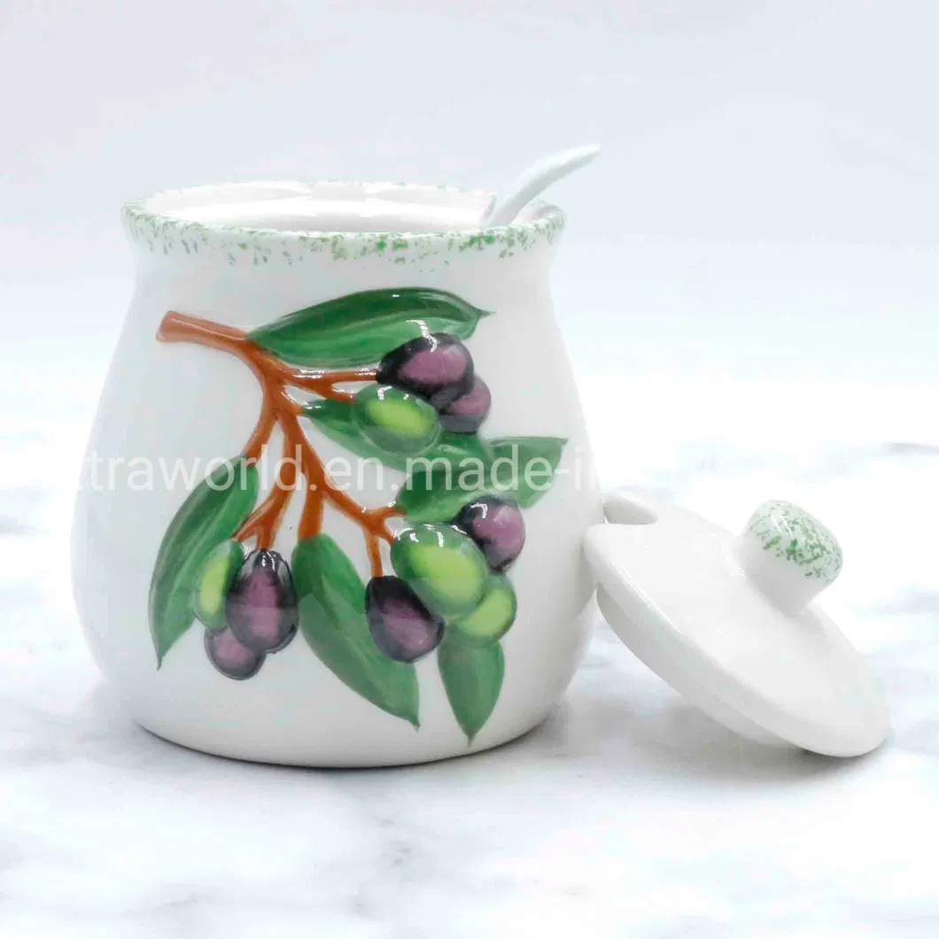 Kitchen Use Ceramic Hand Drawing Olive Salt and Pepper Pot Cookware Set