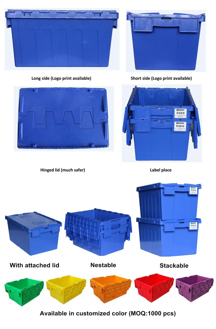Heavy Duty Industrial Stack and Nest Plastic Moving Container with Attached Lid