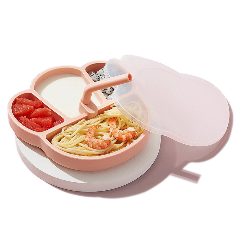 Baby Dinner Plate Sucker One-Piece Partition Plate Baby Silicone Straw Bowl Eating Training Spoon Children&prime; S Tableware Set