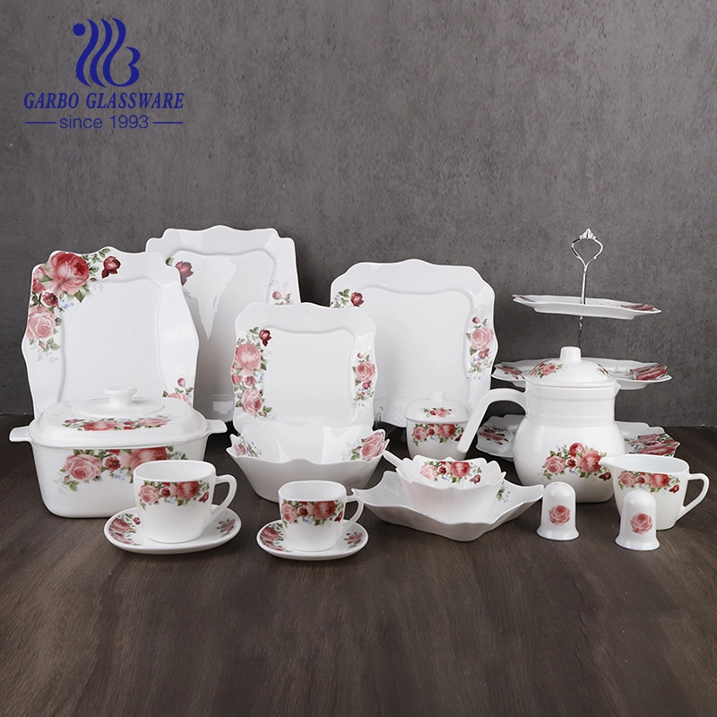 Hot Selling 75 PCS Set White Square Shape Opal Glass Dinnerware Set with Customized Decal Printing Designs