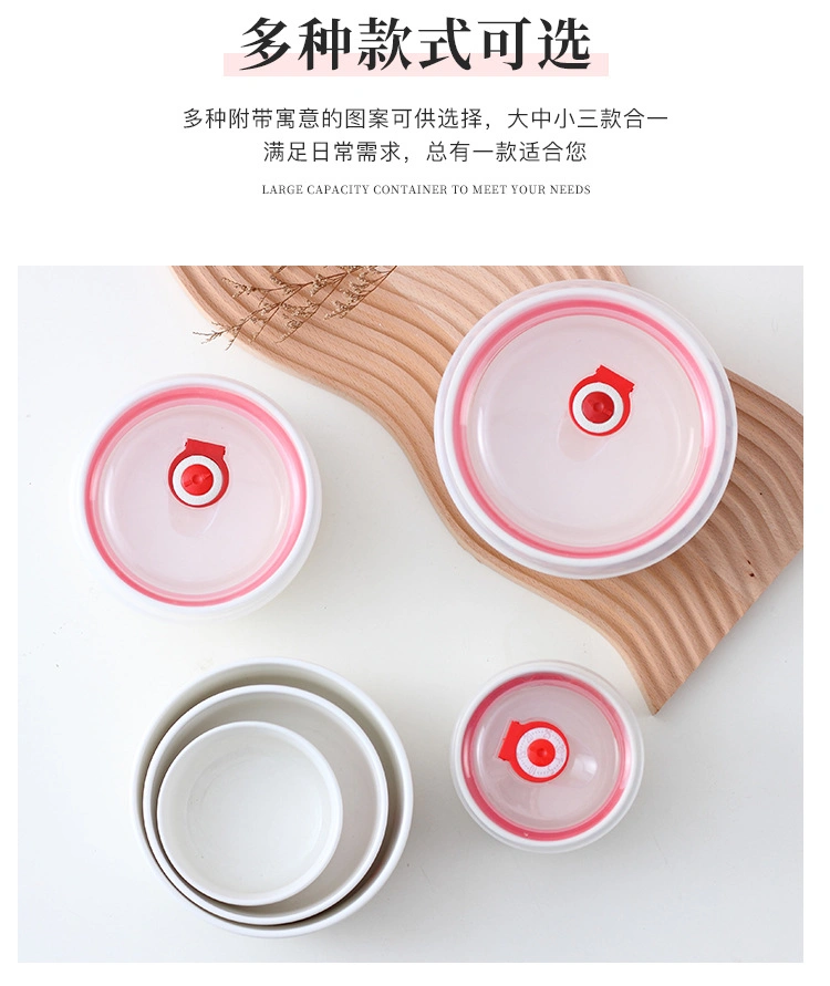 Popular Round 3PCS Porcelain Storage Bowl Set Ceramic Bowls Plastic Cover Printed Porcelain Porcelain Lunch Box Set Porcelain Dinner Plates Set