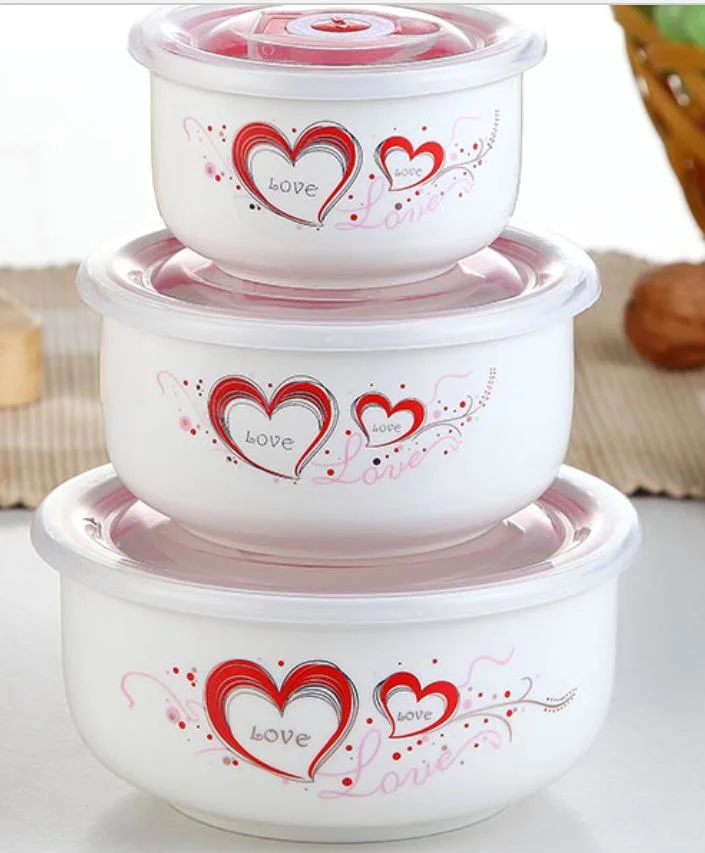 Popular Round 3PCS Porcelain Storage Bowl Set Ceramic Bowls Plastic Cover Printed Porcelain Porcelain Lunch Box Set Porcelain Dinner Plates Set