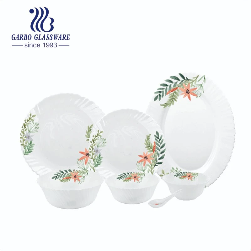 Wholesale Factory Cheap 33PCS White Opal Glass Set Dinnerware Set with Customized Decal Designs for Home Dinner Table Use