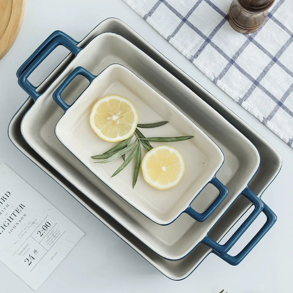Wholesaler Microwave Safe Oven Safe Rectangle Customized Ceramic Baking Dishes Set of 3 with Two Handles for Kitchen
