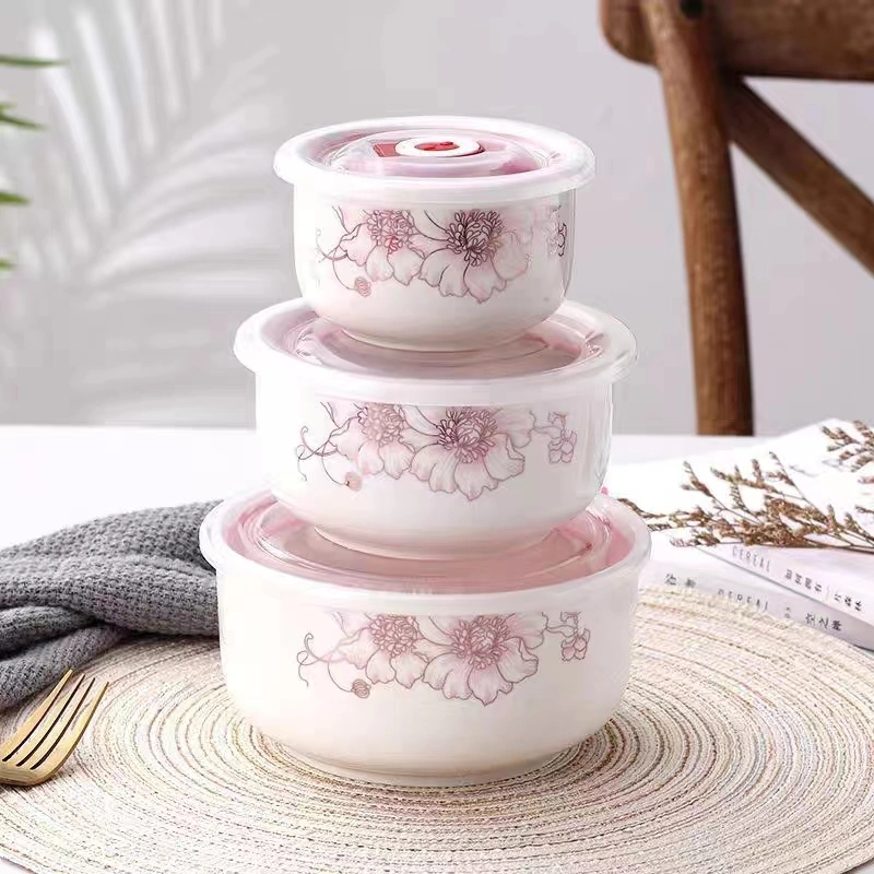 Bowl Set Heat Resistant Ceramic 3 PCS Bowl Set with Air-Tight Lid Stoneware 3PCS Tableware Set High Quality 930ml/540ml/290ml Dinnerware Ceramic Dinner Set