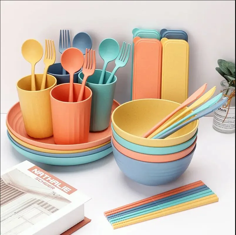 Hot Sale Kids Wheat Straw Dinner Set Tableware Degradable Plates Cup Tableware Set BPA Free Cutlery Dinnerware Set