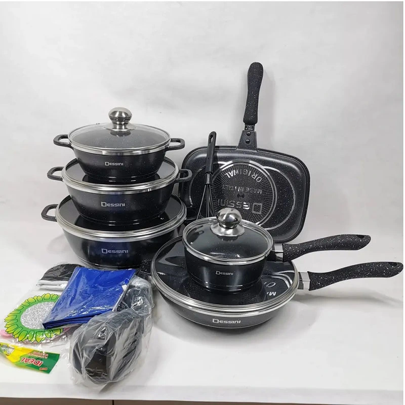 Popular 23PCS Non Stick Cast Aluminum Cookware Set Granite Stone-Derived Coating Pots and Pans with Glass Lid