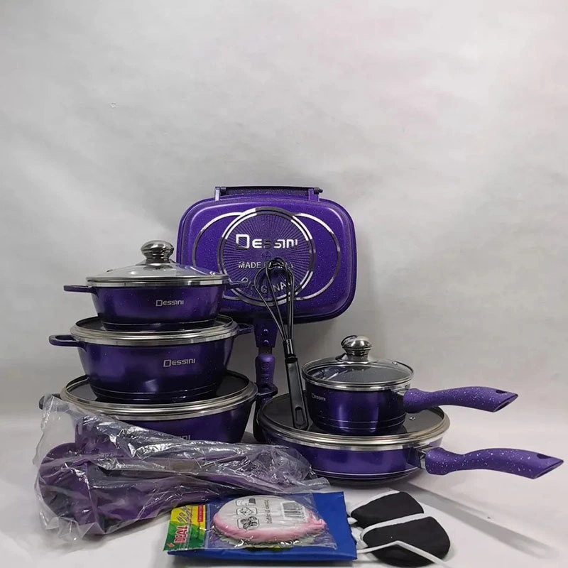 Popular 23PCS Non Stick Cast Aluminum Cookware Set Granite Stone-Derived Coating Pots and Pans with Glass Lid