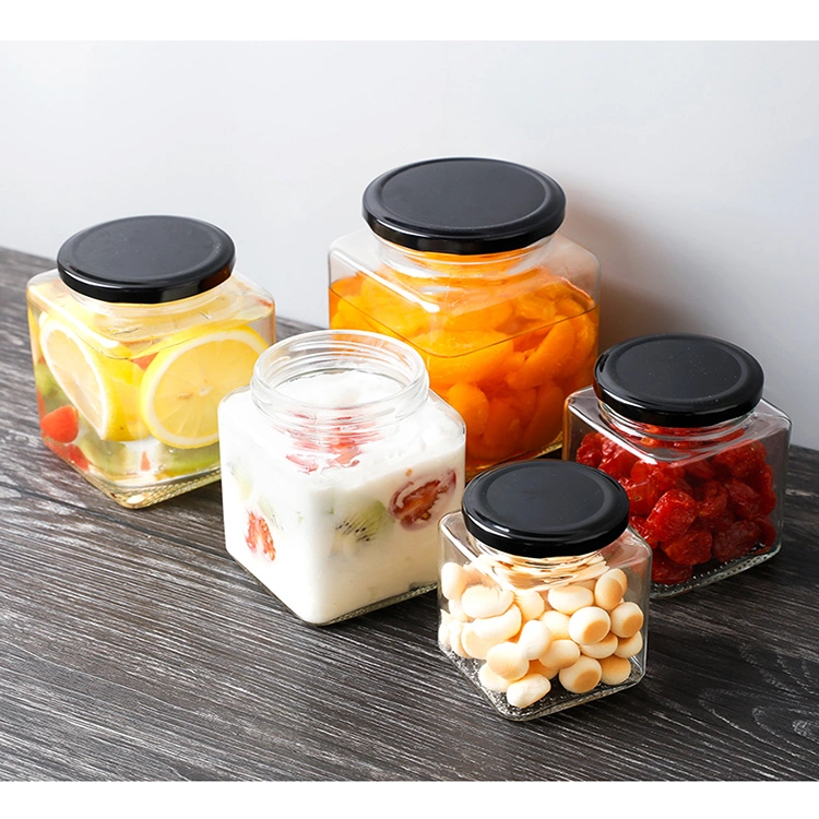 50ml 80ml 100ml 120ml 200ml Square Glass Jar Food Jar Canister Storage with Metal Lid for Honey Jam Candy Jelly Pickle