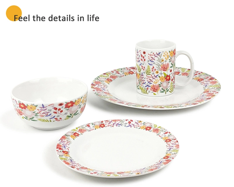 Wholesale Custom Ceramic Dinnerware Dinner Set with Porcelain Floral Rimmed Shape