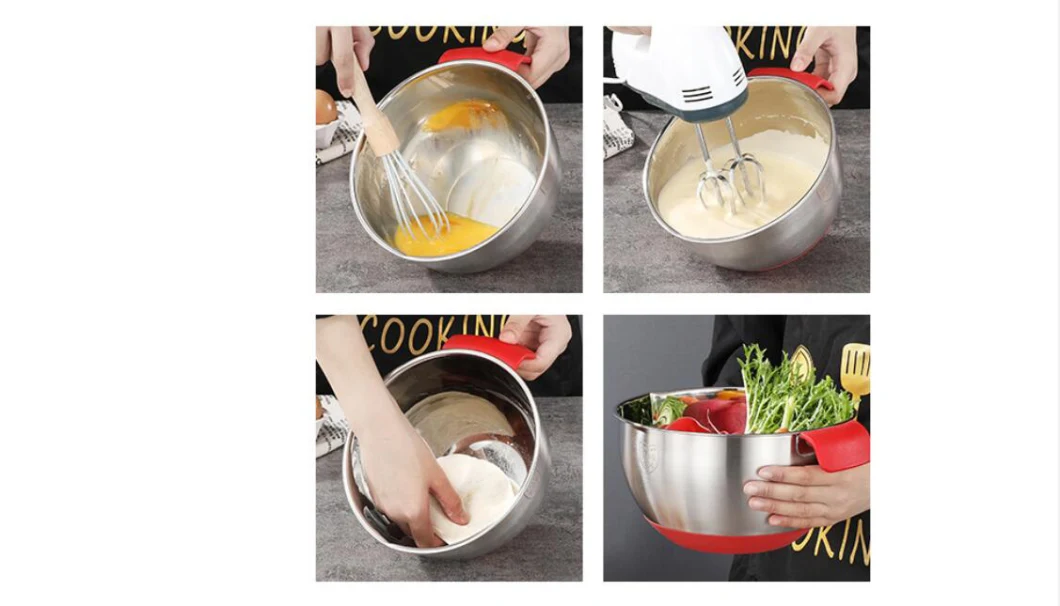 Wholesale Cooking Baking Accessory Stainless Steel Kitchen Salad Egg Mixing Bowl Set with Non-Skid Silicone Stand