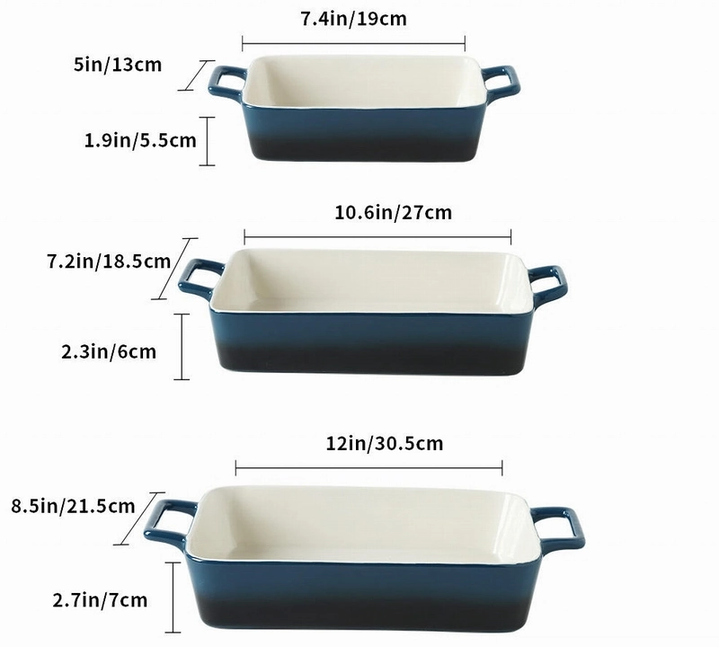 Factory Wholesaling High Quality Oven Safe Rectangle Customized Ceramic Baking Dishes with Two Handles Set of 3 for Kitchen