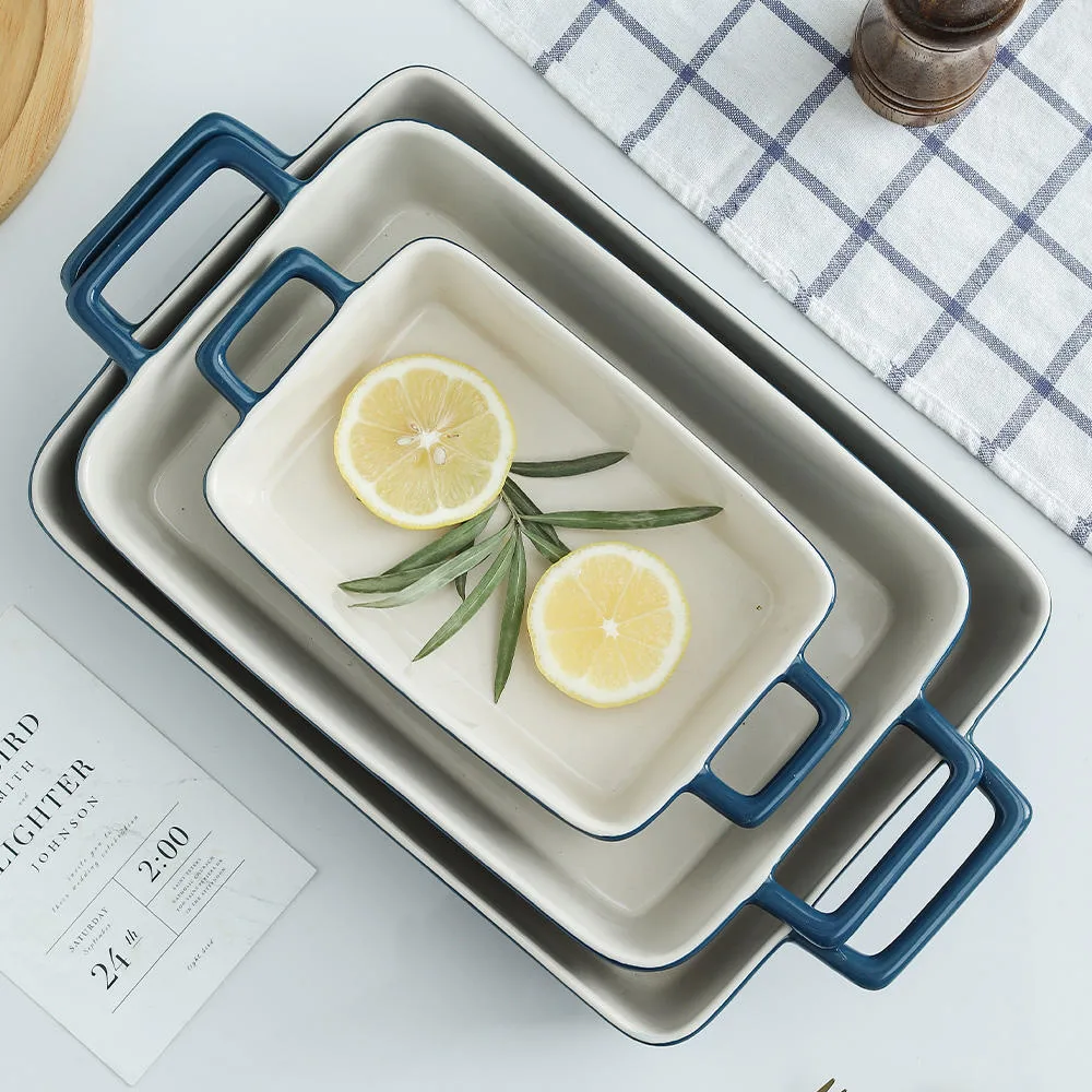 Factory Wholesaling High Quality Oven Safe Rectangle Customized Ceramic Baking Dishes with Two Handles Set of 3 for Kitchen