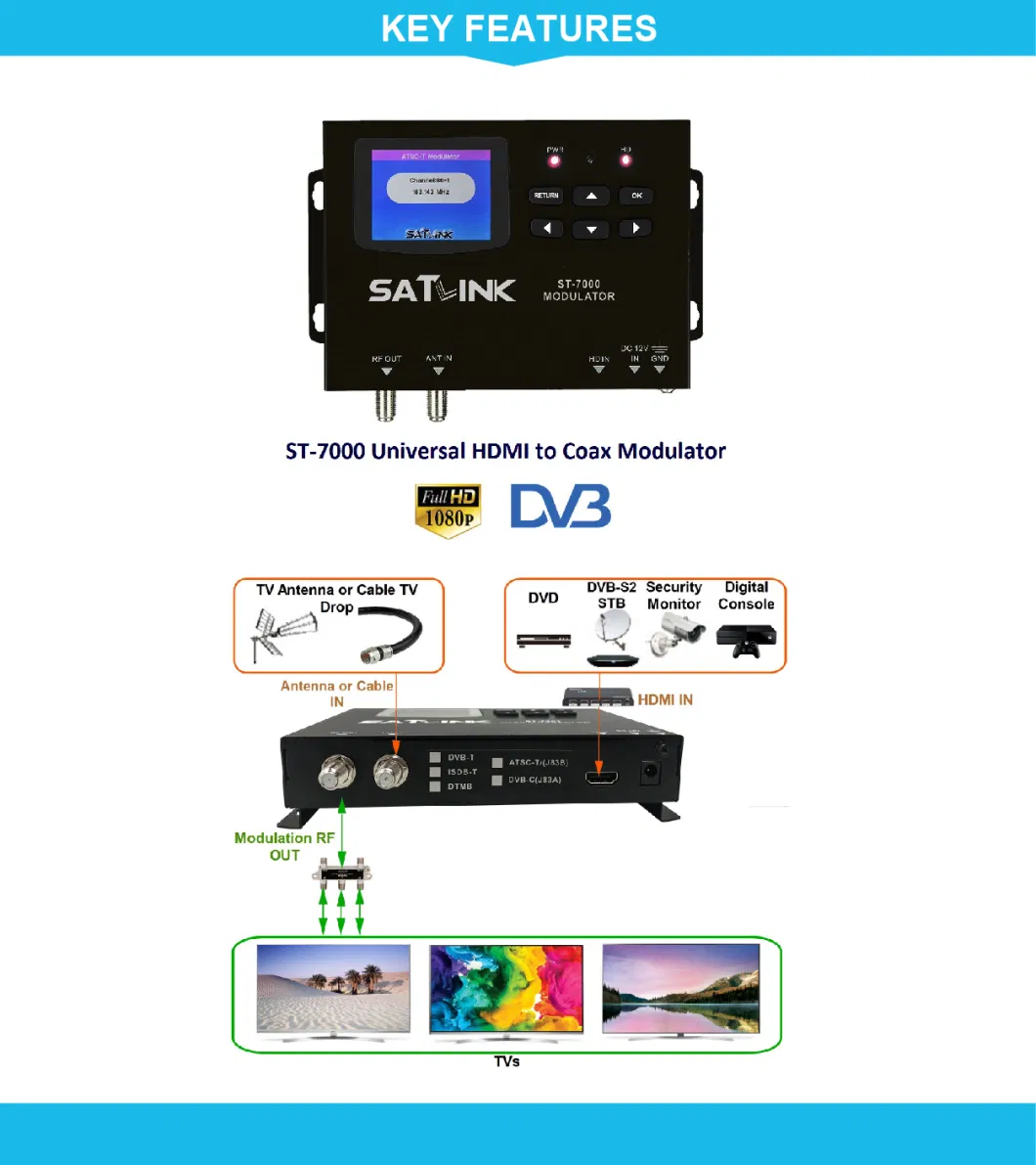 DVB-ATSC/Dtmb/Isdbt/C Modulator Bandwidth De-Pending with 2.4&quot; Color LCD Screen