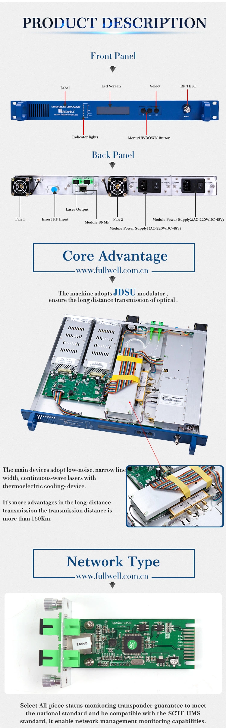 Long Haul 120km Transmission 1550nm CATV Externally Modulated Optical Transmitter with Dual Outputs Sbs 13-19 dB Adjustable