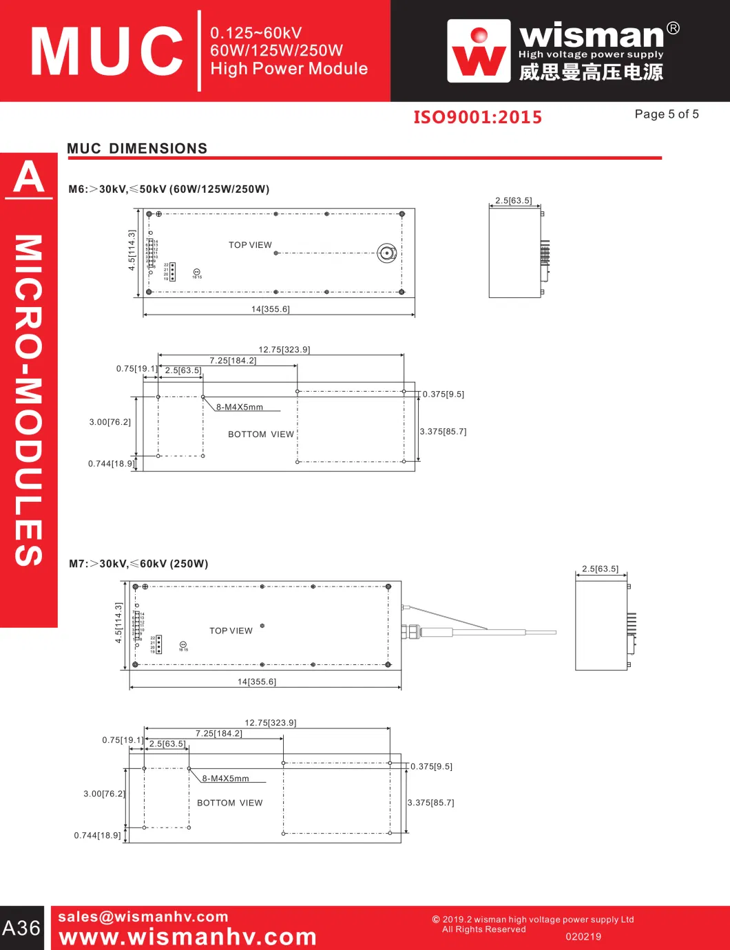 MUC Series Light Weight High Voltage Power Supply For Pulse Generator (125V-60kV,60W-250W)