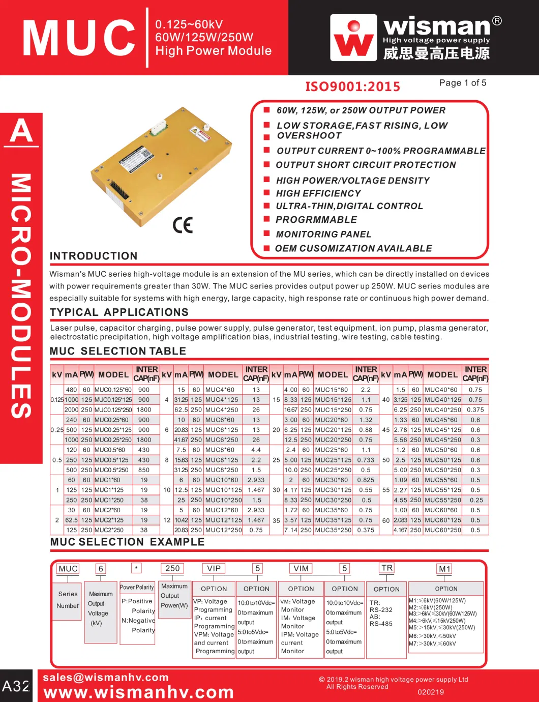 MUC Series Light Weight High Voltage Power Supply For Pulse Power Supply (125V-60kV,60W-250W)