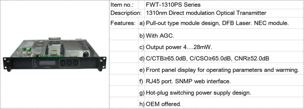 22MW 1310nm CATV Direct Modulation Optic Transmitter with AGC