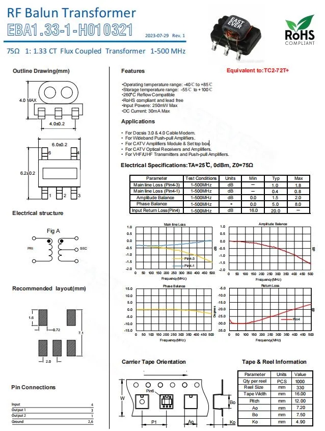 75ohm 1-500MHz, 1: 1.33CT Inductor, Transformer, Used in CATV Equipment, Communication Equipment, 5g Repeater, Microwave, C Equivalent to Tc2-72t+