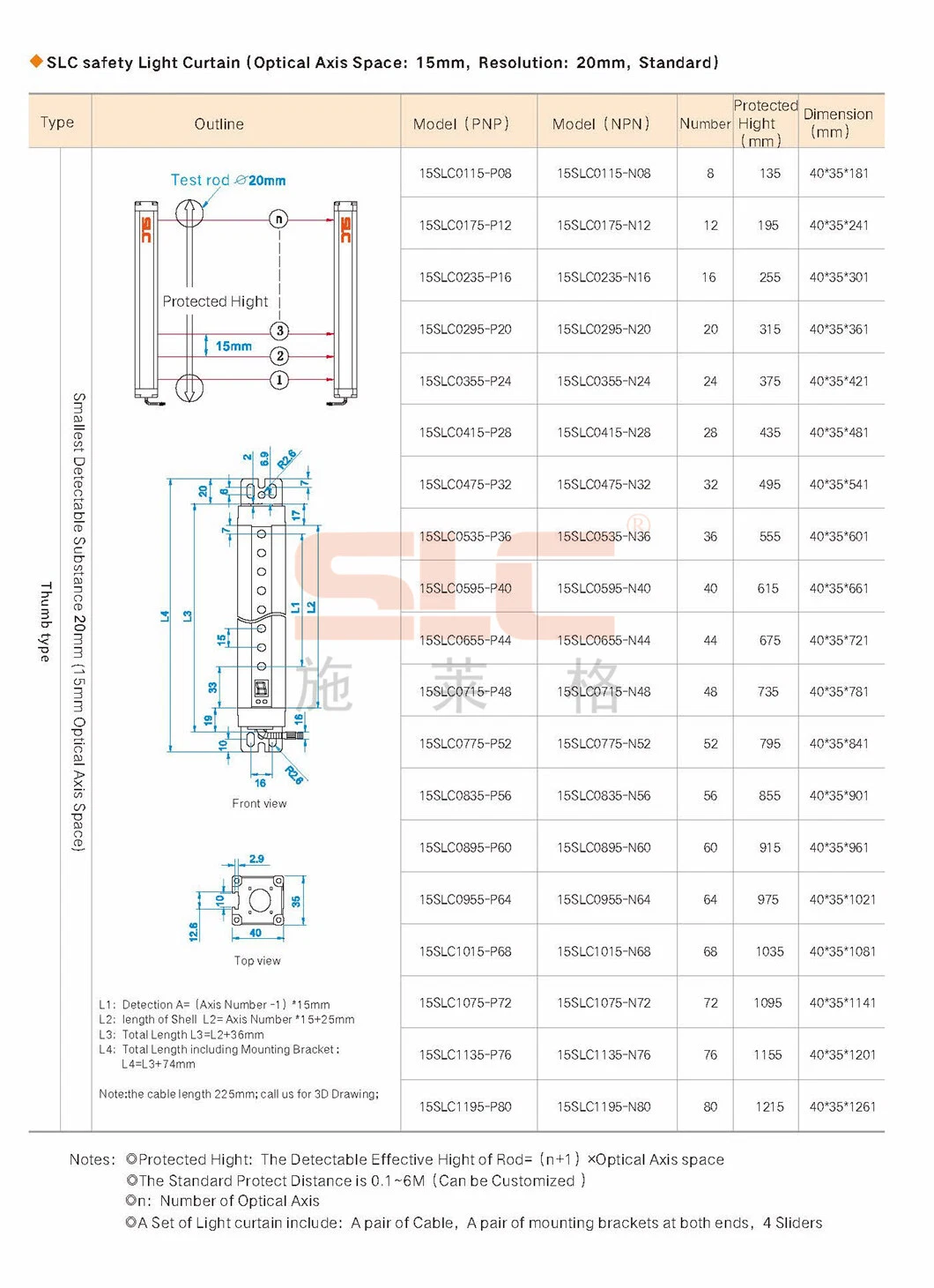 SLC 7.5mm Finger Protection Safety Light Curtain,Pulse Test, Modulation Frequency,Gratings