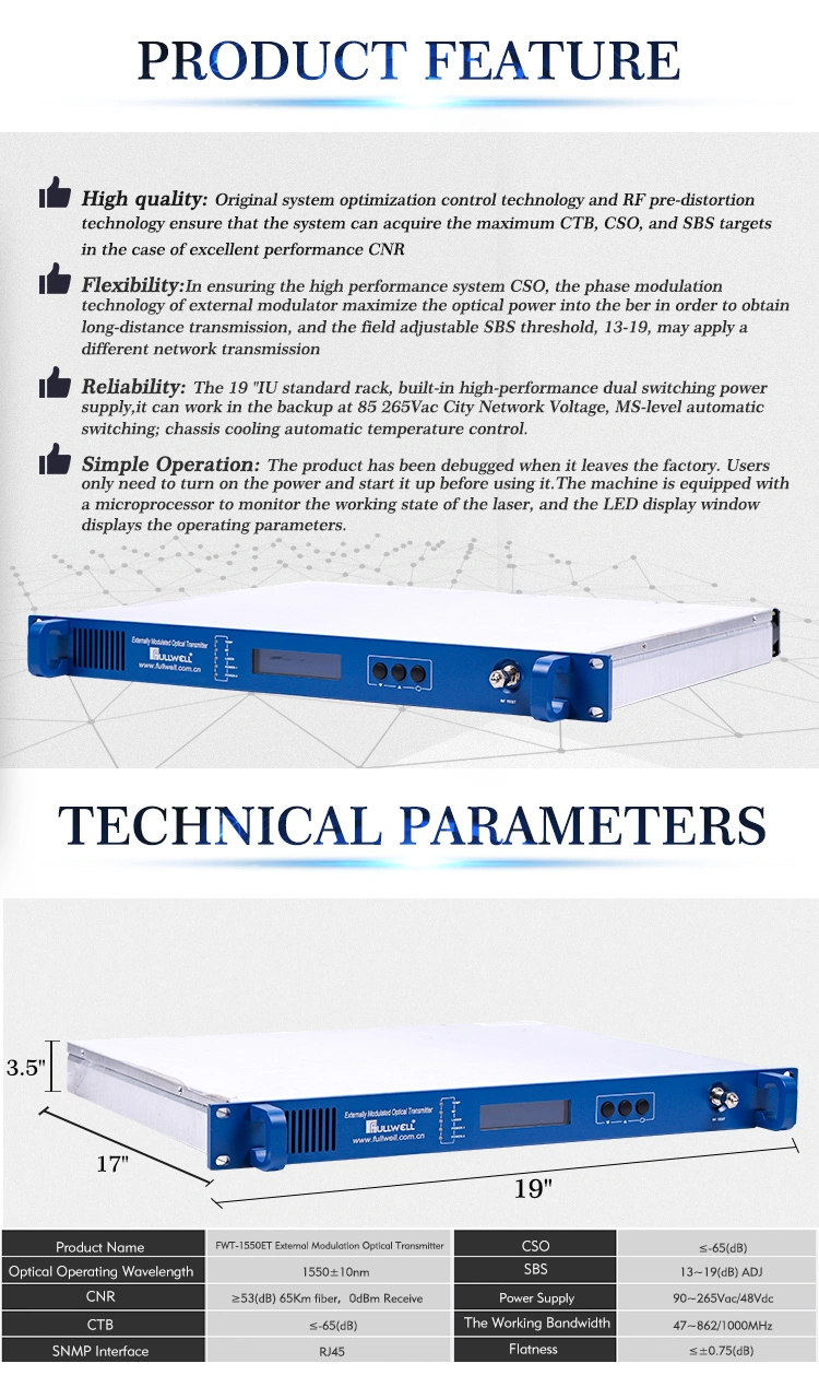 Long Haul 120km Transmission 1550nm CATV Externally Modulated Optical Transmitter with Dual Outputs Sbs 13-19 dB Adjustable