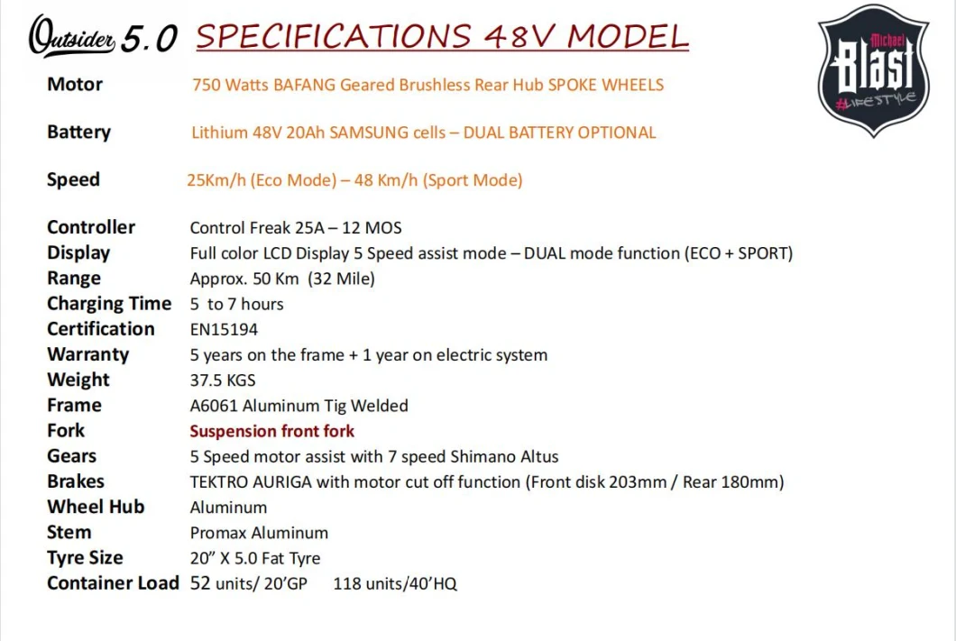 2023 Newest Product 750W off-Road Ebike with Dual Battery 48V 20ah Lithium Electric Bike