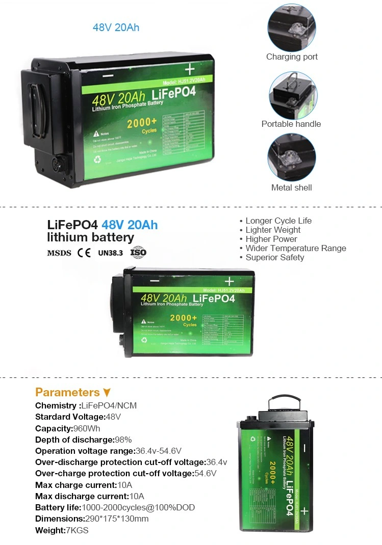 Deep Cycle LiFePO4 Rechargeable Lithium Ion 48V 20ah Battery for Electric Bicycle with 18650 Cell