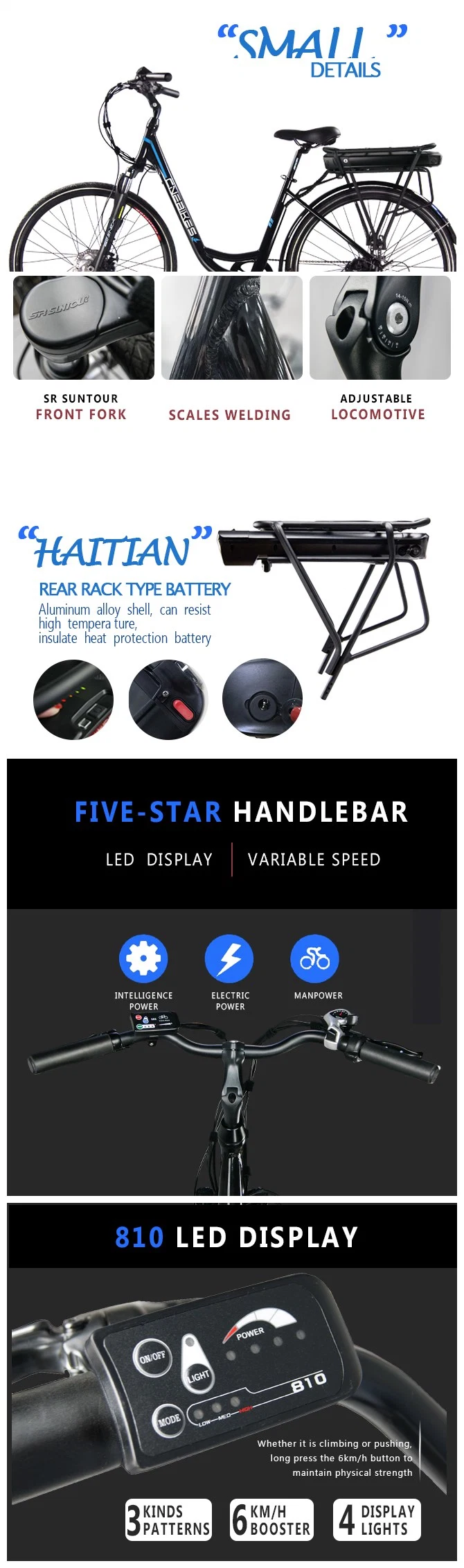 25km/H 36V Pedal Electric Bikes with Rear Rack Battery
