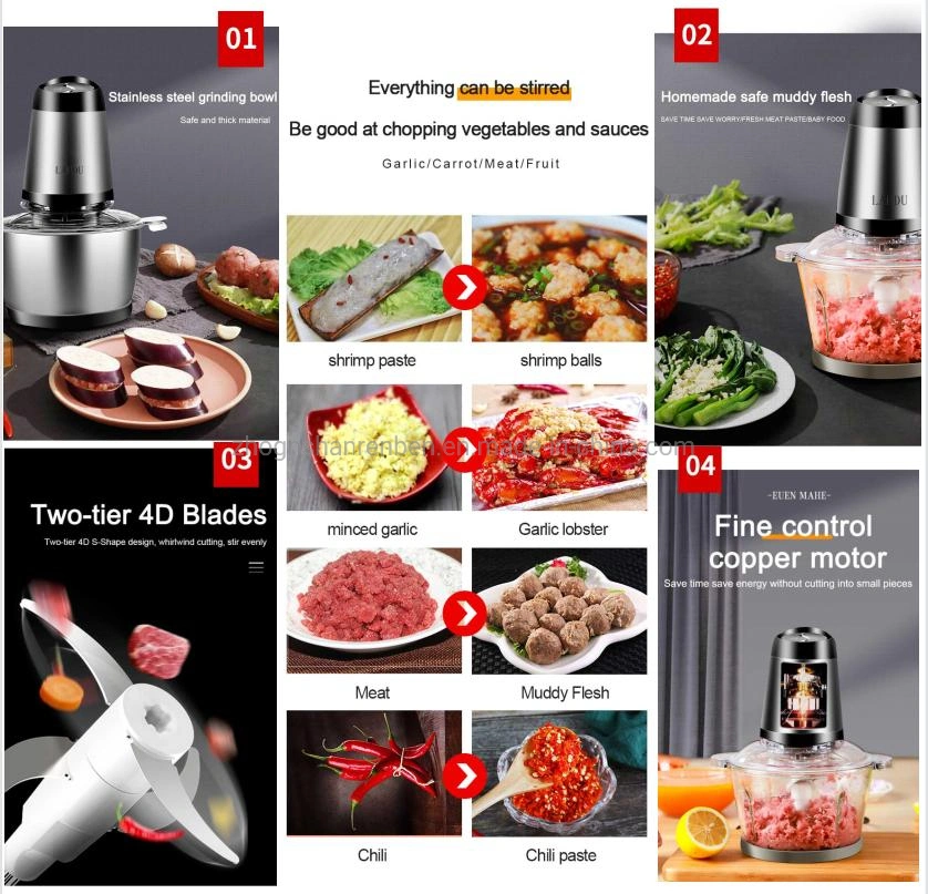 Electric Household Processor Electric Kitchen Meat Grinder Chopper Shredder Food Chopper Stainless Steel