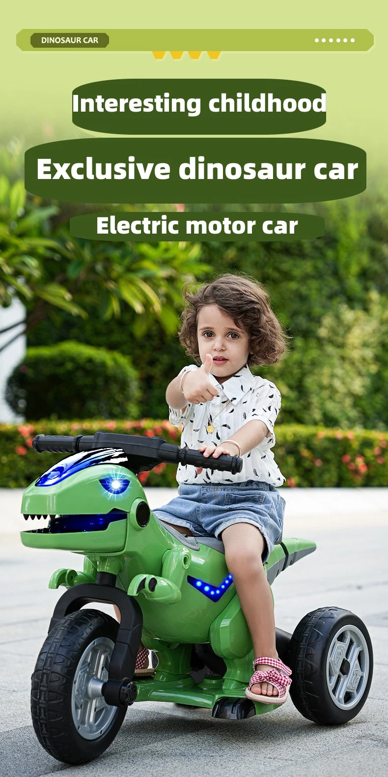 New Dinosaur Simulation Sound Effect Three Wheel Anti Rollover Children&prime; S Electric Motorcycle