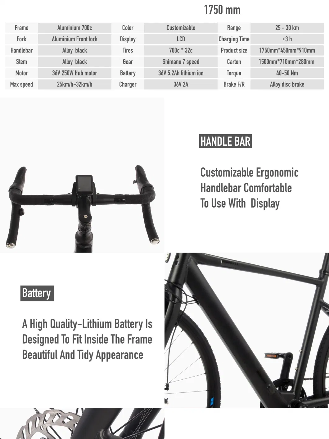 China Manufacturer New Model E Bike Aluminum Alloy Electric Road Bike