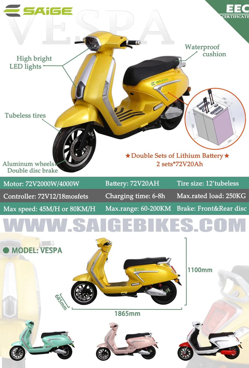 High Speed Electric Vehicle EEC Electric Motorcycle Electric Bicycle Vespa