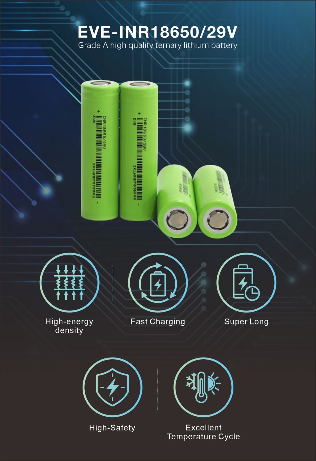 Eve 3.7V 18650 2850mAh Cylindrical LiFePO4 Lithium-Ion Battery for E-Bike/Electric Scooter/Drone
