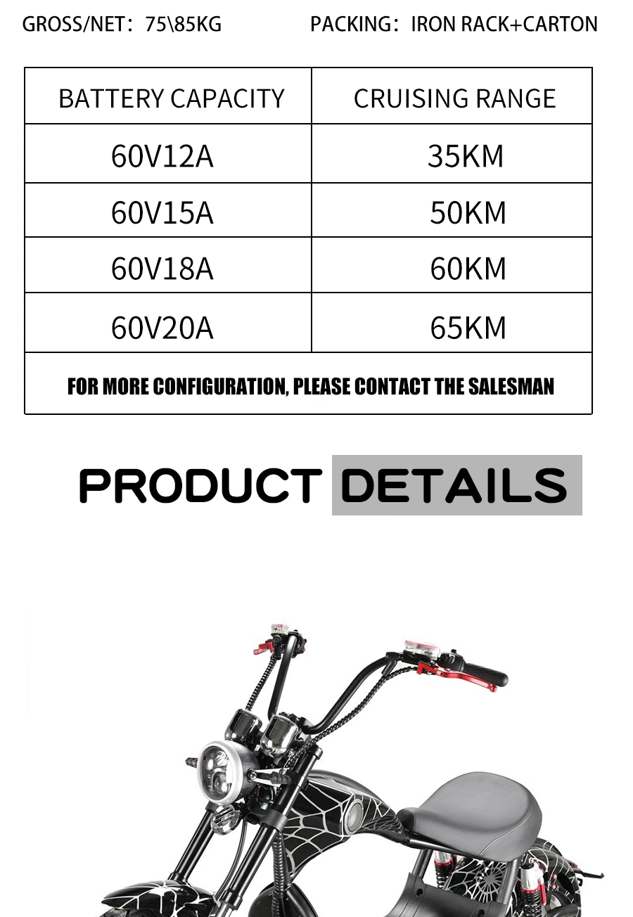 New Trend 1500W Powerful Fat Tire 2 Wheels Fast Electric Ebike Adult Electric Motorcycle Scooter 2000W Electric Citycoco