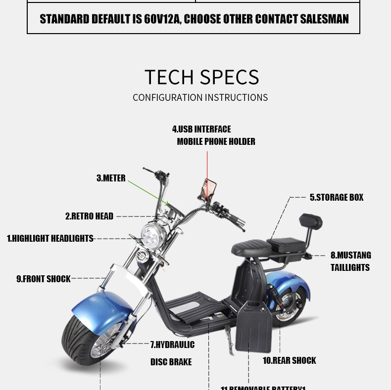 Citycoco Electric Scooter 2 Wheel with Fat Tire Popular 2000W 60V CE with Removable Lithium Battery 1500W-2000W 30-50km/H 6-8h