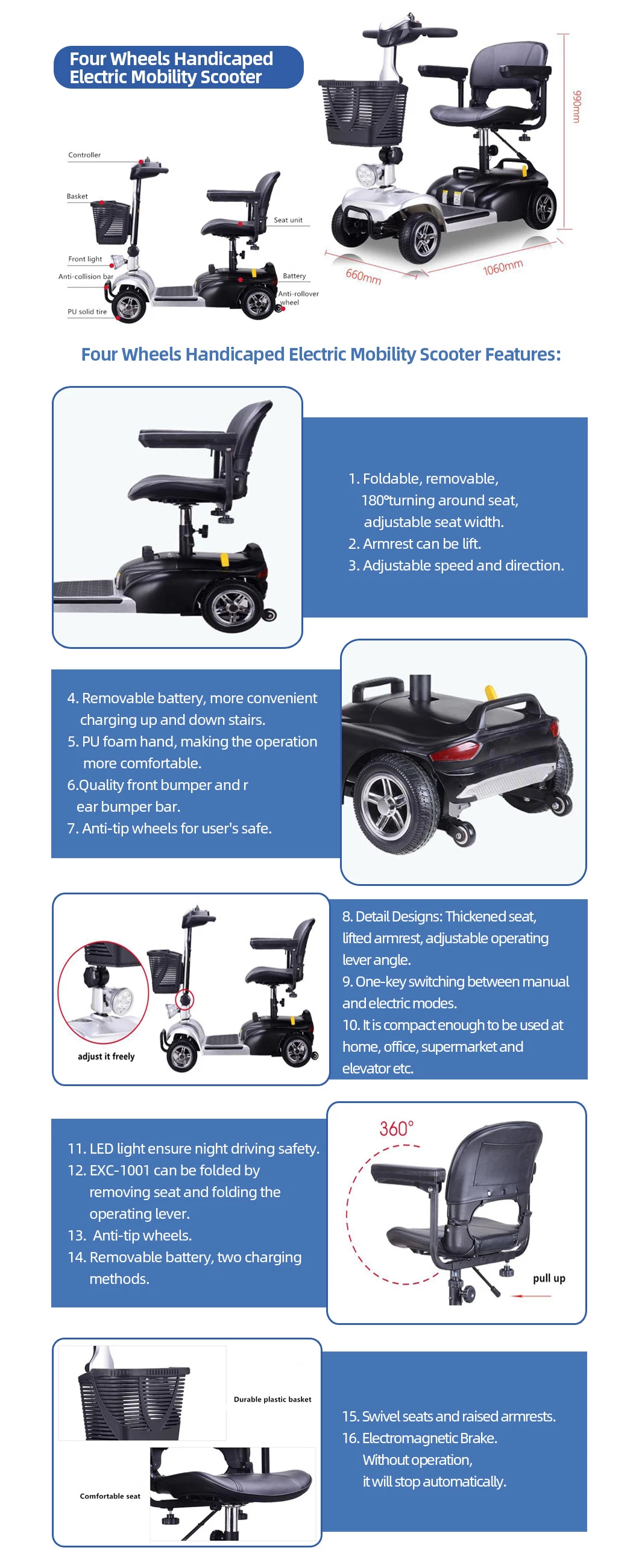 201-500W 100-200kg Lightweight Golf 3 Wheel Electric Bicycle Mobility Scooter with Good Price
