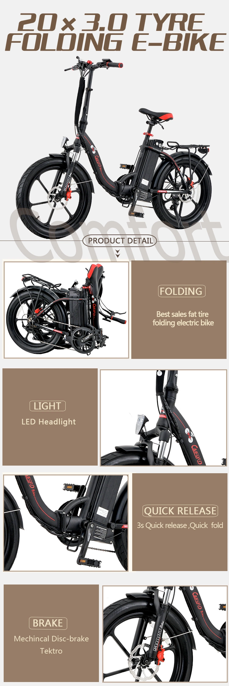 Folding Electric Bicycle Bafang 48V250W-500W Brushless Motor with Alum Wheel