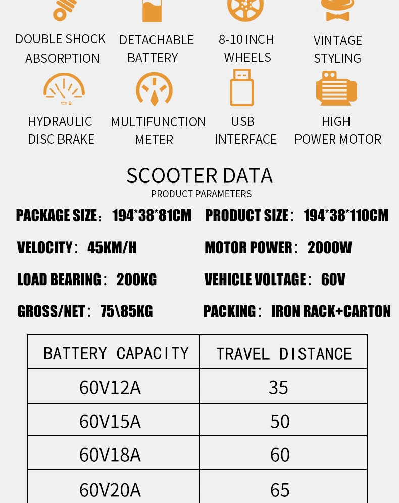 New Electric Motorbike Electric Bike with Passengers 60V 1500W Adult Cross-Country