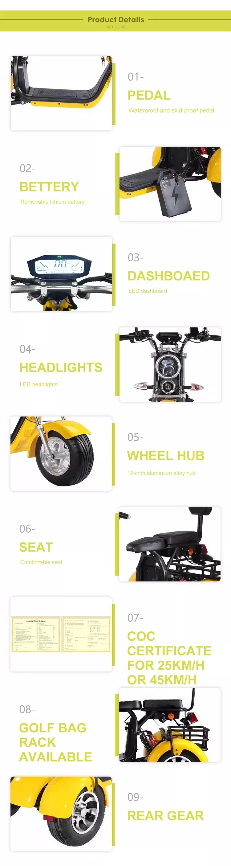 High Quality 60V 20ah Voltage Motorcycle Tricycle Three Wheels Fat Tire Electric Scooter Citycoco for Adults