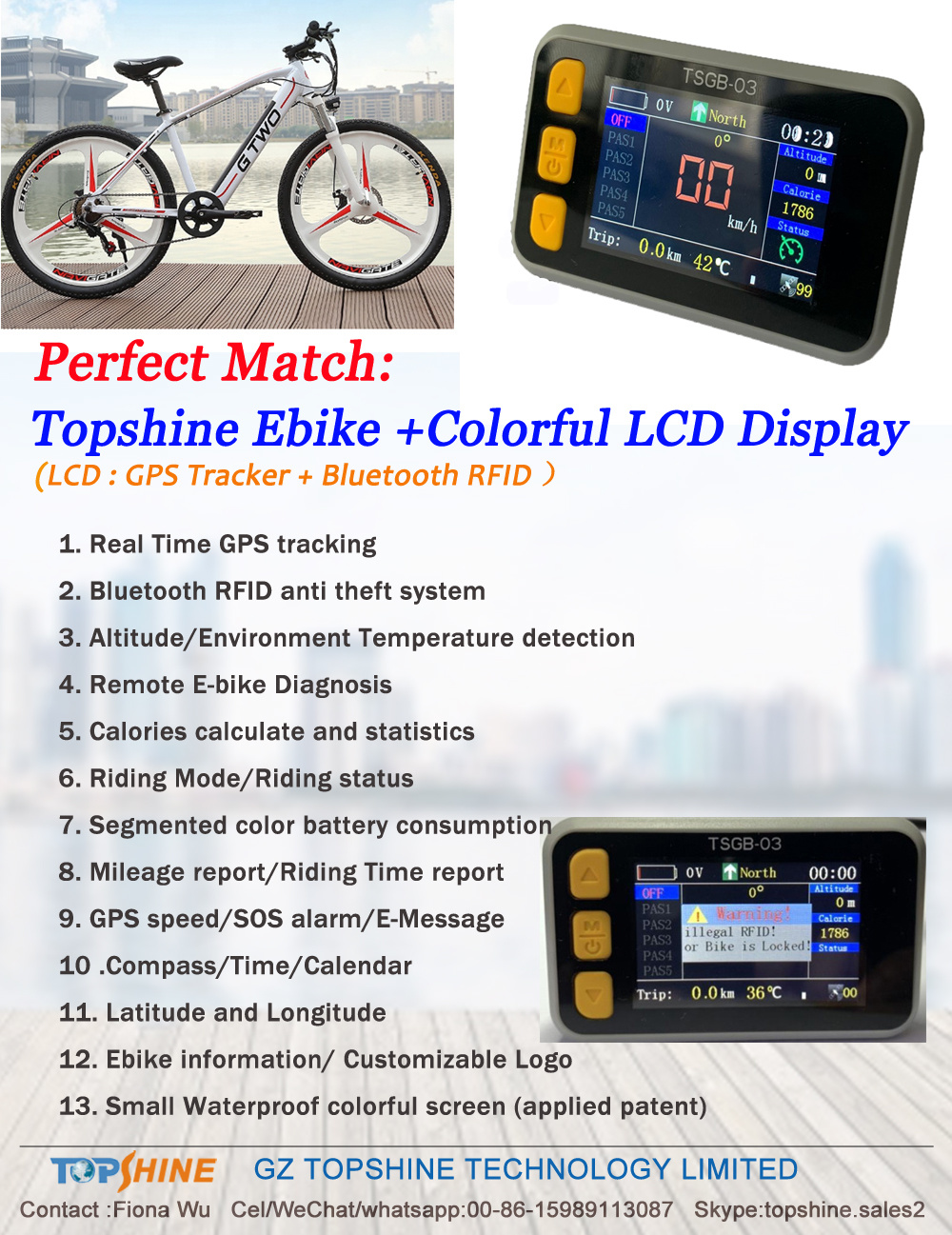350W 48V 21 Gears Mountain Electric Bicycle with Colourful GPS Odometer Environment Temperature Detection