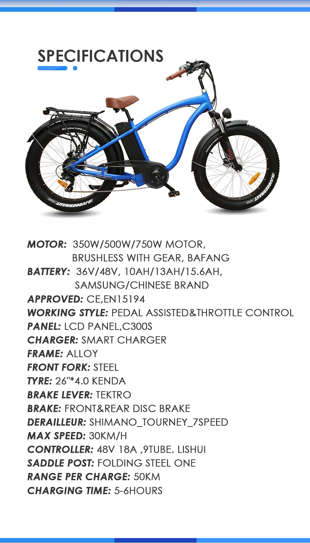 500W/750W Bafun Bafang Motor Fat Tire Mountain Wholesale Electric Bicycle